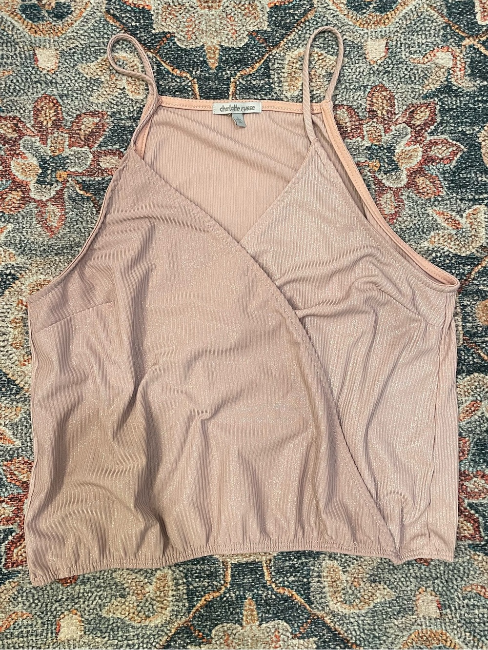 Vintage Charlotte Russe Champagne Pink Sparkled Ribbed Cross-Front Cami